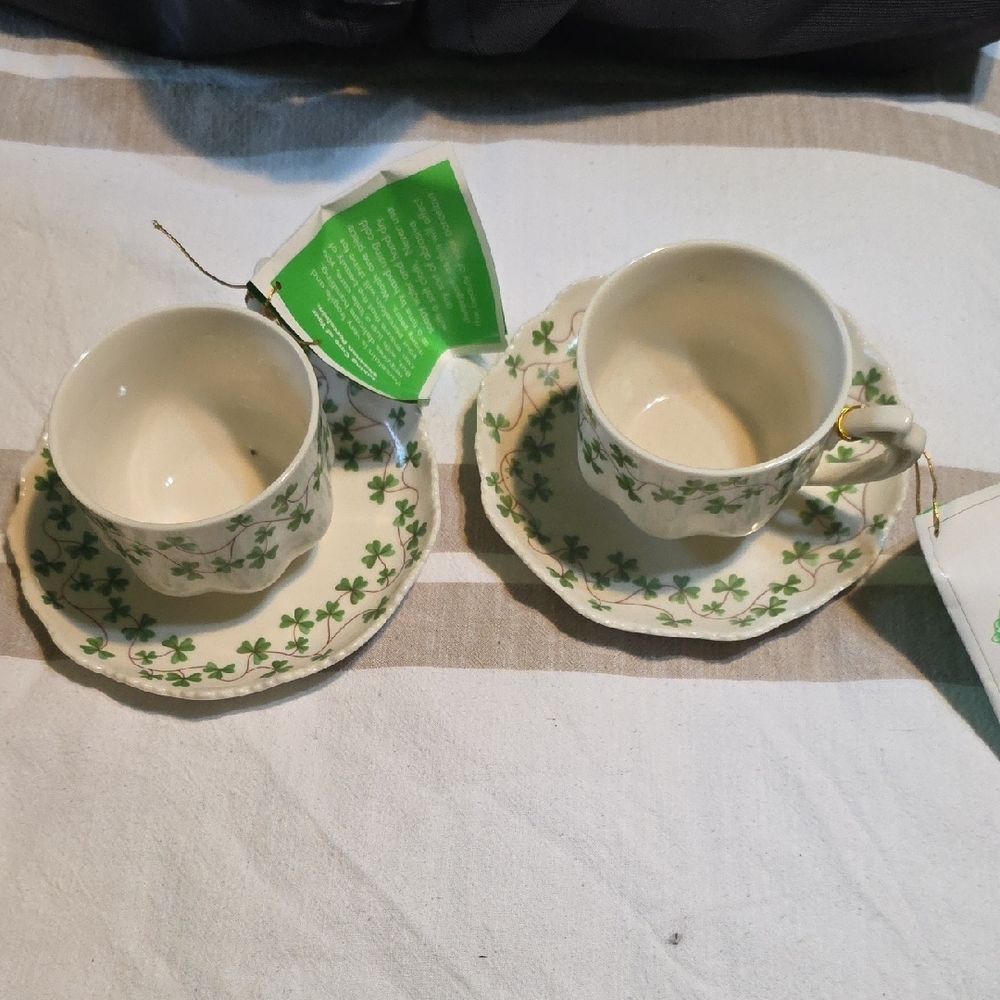Shannon Porcelain Shamrock Teacup and Saucer Set, 2 Sets